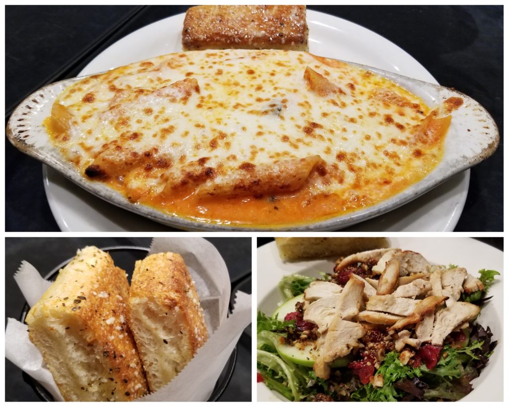 Baked Ziti, Garlic Bread, Apple Walnut Salad. Photo by Nick Rama.