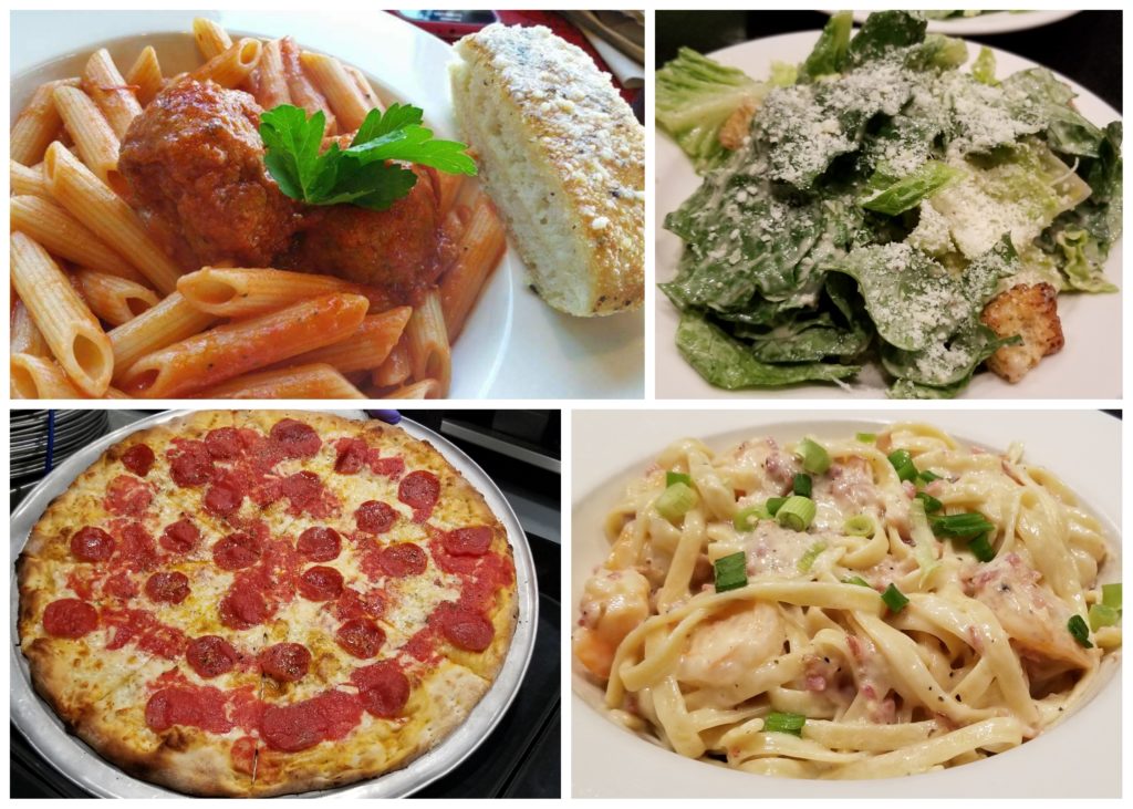 Pene Al' Arrabiatta with Meatballs, Caesar Salad, Pepperoni Pizza, Shrimp and Bacon Fettuccine. Photo by Nick Rama.