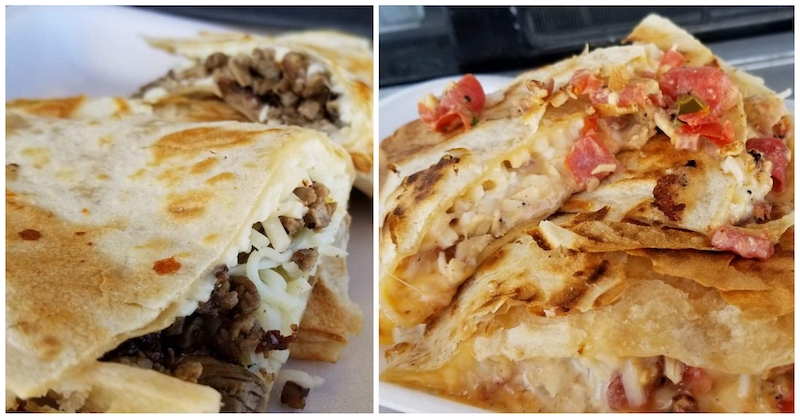 Tacos in Low Places Beef Quesadilla and The Artery Clogger. Photo by Nick Rama.