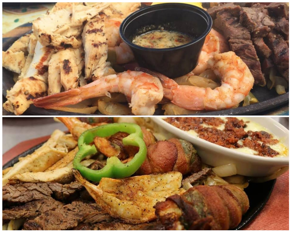Top - Fajita Jacks - Fiesta Fajitas - Fajita Beef, Chicken Breast, Sauteed Jumbo Shrimp, Pepper Trio Blend; Tequila Lime Butter Sauce - Photo By Fajita Jacks. Bottom - Paradilla Tambaca - chicken and beef fajita with oven baked cheese and Mexican chorizo, 2 jumbo shrimp, 2 pollos bravos, 2 brochettes - Photo By Nick Rama