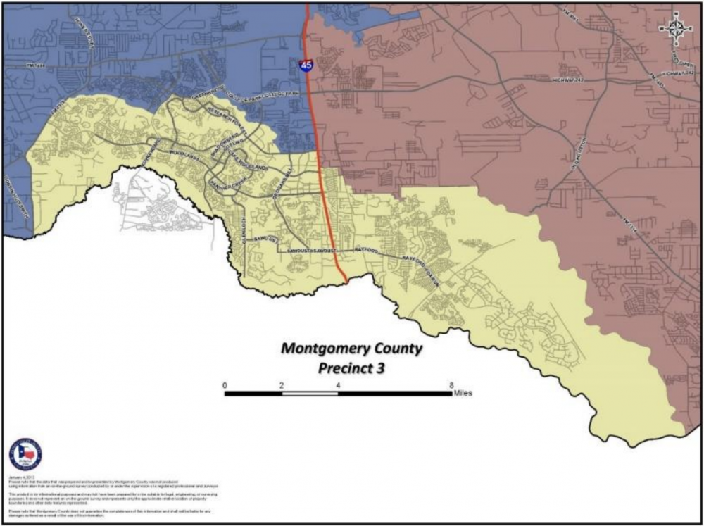 Montgomery County Precinct 3 contains all or part of the following villages in The Woodlands: Grogan’s Mill, Panther Creek, Cochran’s Crossing, Indian Springs and Sterling Ridge.