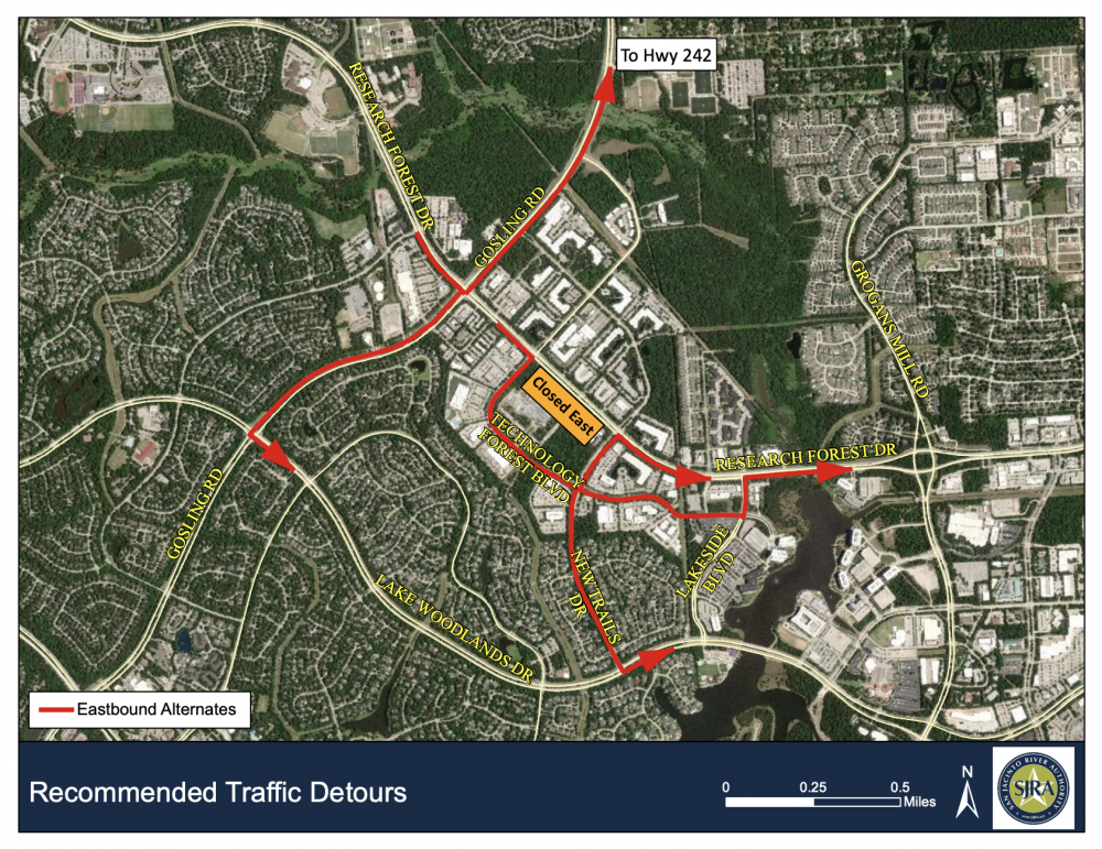 September 25, 2019 - SJRA Update on Research Forest repair: Contractors will be on site starting tomorrow (9/26) to repair a 30-inch water line under the eastbound lanes of Research Forest Drive.