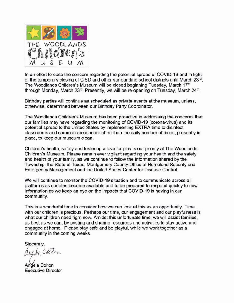 A message from The Woodlands Children's Museum's Executive Director Angela Colton.