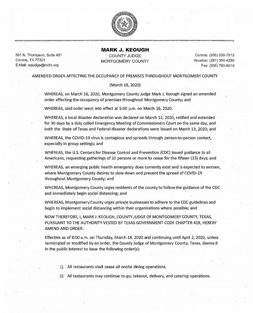 Montgomery County issues order affecting food and drink establishments and movie theaters and other social gatherings in Montgomery County in response to the current and anticipated needs to respond to the COVID-19 crisis.